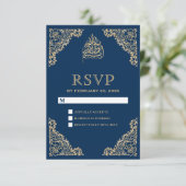 Verzierte blaue und goldene islamische Hochzeit RSVP Karte (Stehend Vorderseite)