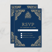 Verzierte blaue und goldene islamische Hochzeit RSVP Karte (Vorne/Hinten)