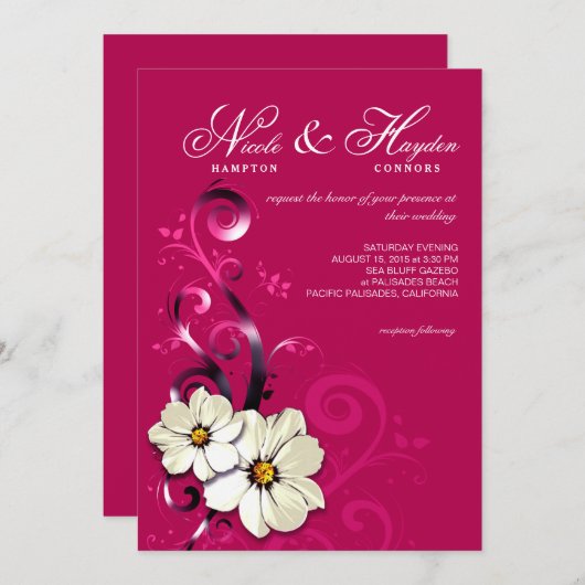 Verzierte Blumen blühen Fuchsie des Monogramms | Einladung (Vorne/Hinten)