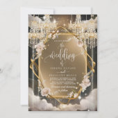Verzierte Blumen Goldene Kronleuchter Hochzeit Einladung (Vorderseite)