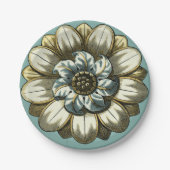 Verzierte Blumenmedaille über hellblauen Hintergru Pappteller (Vorderseite)