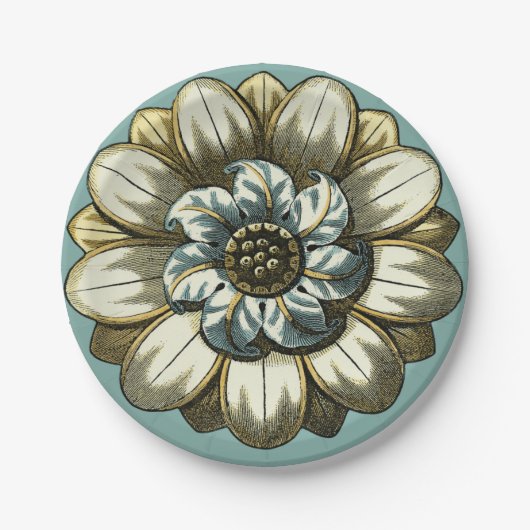Verzierte Blumenmedaille über hellblauen Hintergru Pappteller (Vorderseite)