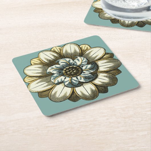 Verzierte Blumenmedaille über hellblauen Hintergru Rechteckiger Pappuntersetzer (angewinkelt)