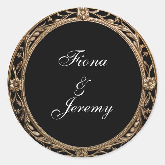 Verzierte Blumenrahmen Personalisierte Hochzeitsst Runder Aufkleber (Vorderseite)