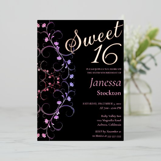 Verzierte Blumenrinde Sweet 16 Einladung (Stehend vorne)