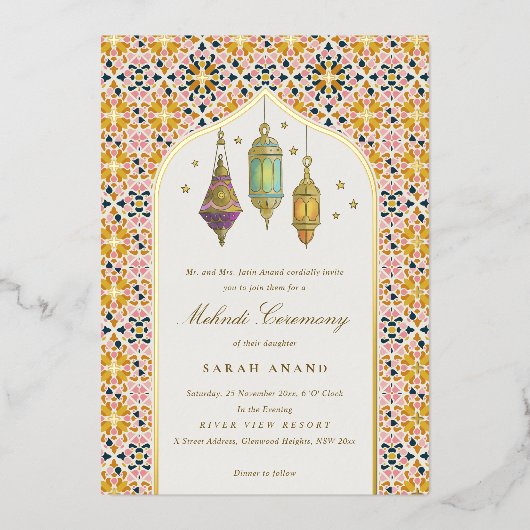Verzierte Blumenzitate Mehndi Zeremonie Folieneinladung (Vorderseite)