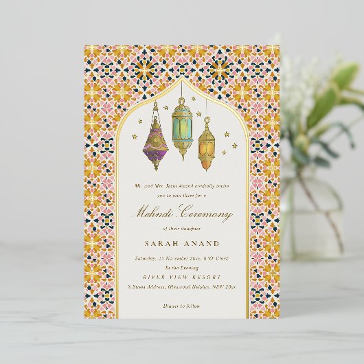 Verzierte Blumenzitate Mehndi Zeremonie Folieneinladung (Stehend vorne)