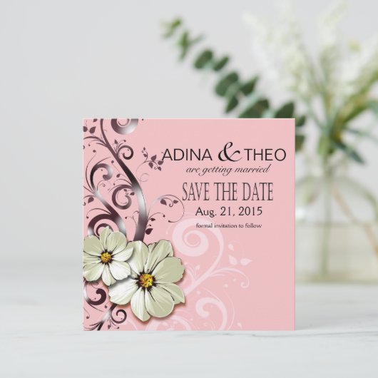 Verzierte Blüte Save the Date Geblüht | rosa Einladung (Stehend Vorderseite)