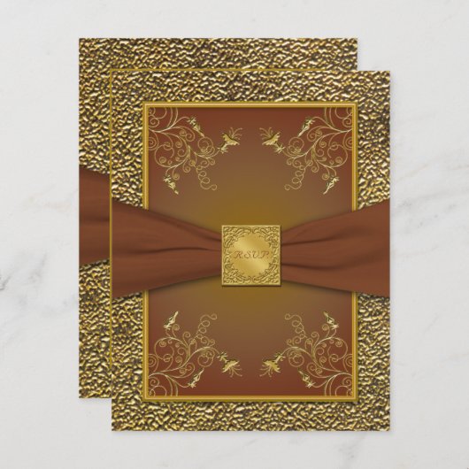 Verzierte braune und goldene RSVP-Karte Einladung (Vorne/Hinten)