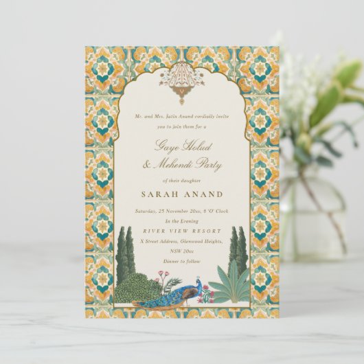 Verzierte Classy Yellow Green Indian Mehndi Zeremo Einladung (Stehend Vorderseite)