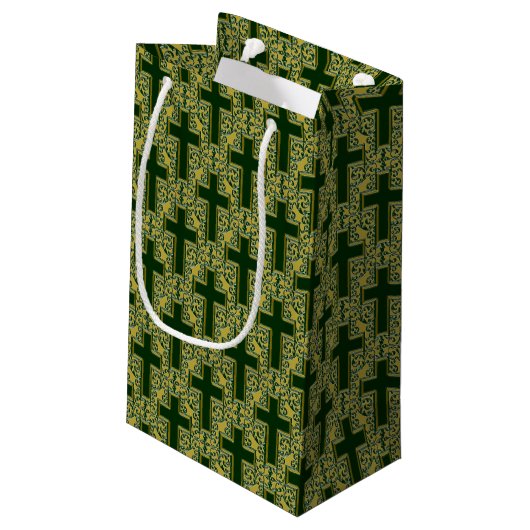Verzierte Cross-25-Green-Gold-GIFT-BAG Kleine Geschenktüte (Rückseite Schrägansicht)