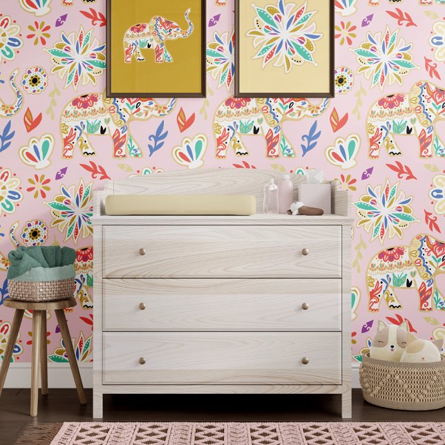 Verzierte Dekorative Elefant Boho Floral Tapete (Ornate Colorful Decorative Elephant Boho Floral Wallpaper)