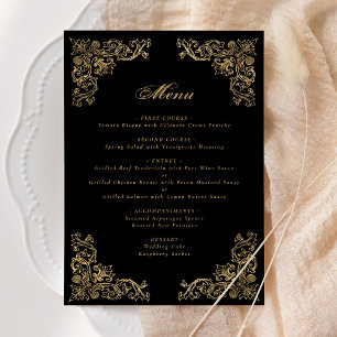 Verzierte Ecken Schwarze Hochzeit in Gold Menükarte