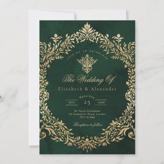 Verzierte Emerald Gold Royal Hochzeit Einladung (Vorderseite)