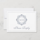 Verzierte Floral Monogram Silver Wedding RSVP Karte (Vorderseite)
