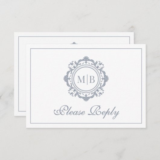 Verzierte Floral Monogram Silver Wedding RSVP Karte (Vorne/Hinten)