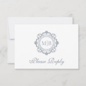 Verzierte Floral Monogram Silver Wedding RSVP Karte (Vorderseite)