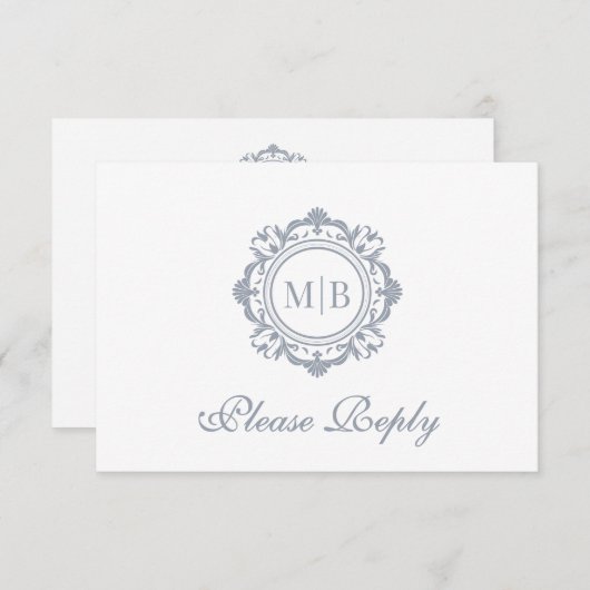 Verzierte Floral Monogram Silver Wedding RSVP Karte (Vorne/Hinten)