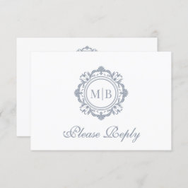 Verzierte Floral Monogram Silver Wedding RSVP Karte