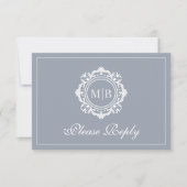 Verzierte Floral Monogram Silver Wedding RSVP Karte (Vorderseite)