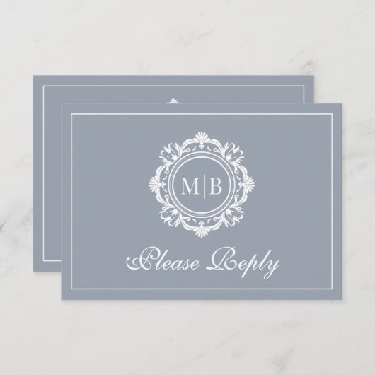Verzierte Floral Monogram Silver Wedding RSVP Karte (Vorne/Hinten)