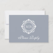 Verzierte Floral Monogram Silver Wedding RSVP Karte (Vorderseite)