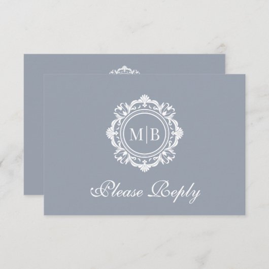 Verzierte Floral Monogram Silver Wedding RSVP Karte (Vorne/Hinten)