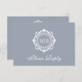 Verzierte Floral Monogram Silver Wedding RSVP Karte
