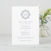 Verzierte Floral Monogram Silver Wedding Save The Date (Stehend Vorderseite)