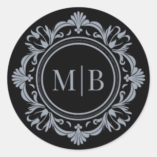 Verzierte Floral Monogram Wedding Black Silver Runder Aufkleber