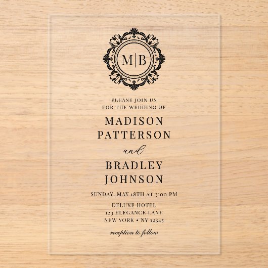 Verzierte Floral Monogram Wedding Elegant Black Acryleinladungen (Vorderseite)