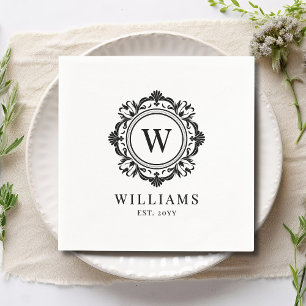 Verzierte Floral Monogram Wedding Elegant Black Serviette