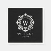 Verzierte Floral Monogram Wedding Elegant Black Serviette (Vorderseite)