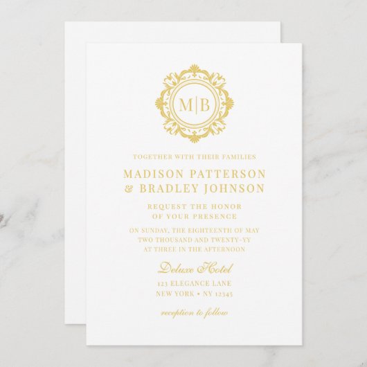 Verzierte Floral Monogram Wedding Elegant Gold Einladung (Vorne/Hinten)