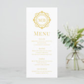 Verzierte Floral Monogram Wedding Elegant Gold Menükarte (Stehend Vorderseite)