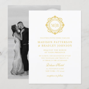 Verzierte Floral Monogram Wedding Elegant Gold Whi Einladung