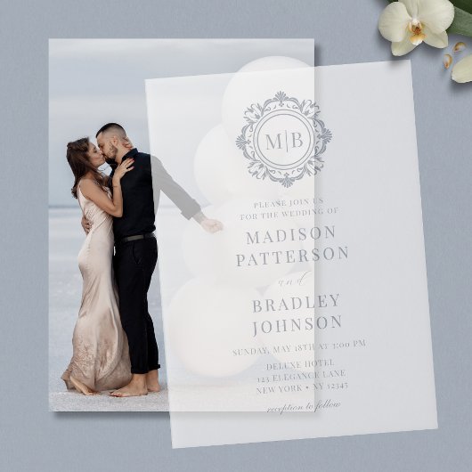 Verzierte florale Monogram Wedding Elegant Vellum  Pergament Einladungen