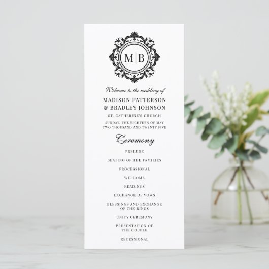 Verzierte florale Monogramm Hochzeit elegant Schwa Programm (Stehend Vorderseite)
