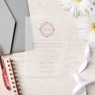 Verzierte florale Monogramm Hochzeit Elegante Rose Pergament Einladungen