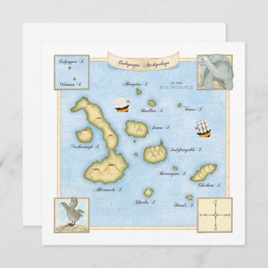 Verzierte Galapagos Archipel Karte mit Schiffen (Vorne/Hinten)