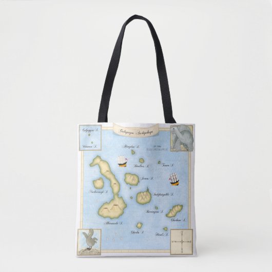 Verzierte Galapagos Archipel Karte mit Segelschiff Tasche (Vorderseite)