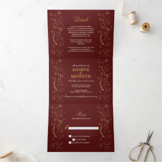 Verzierte Gold Floral Wirbel auf Burgundy Wedding Dreifach Gefaltete Einladung