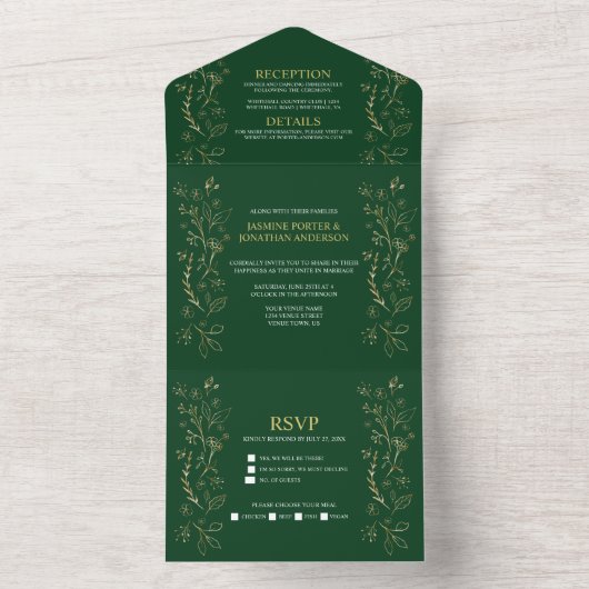 Verzierte Gold Floral Wirbel auf Dunkelgrüner Hoch All In One Einladung (Innen Boden)