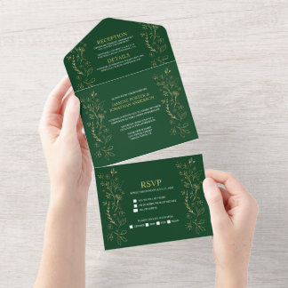 Verzierte Gold Floral Wirbel auf Dunkelgrüner Hoch All In One Einladung