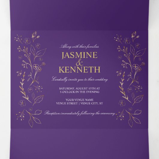 Verzierte Gold Floral Wirbel auf Lila Hochzeit Dreifach Gefaltete Einladung (Innenseite Mitte)