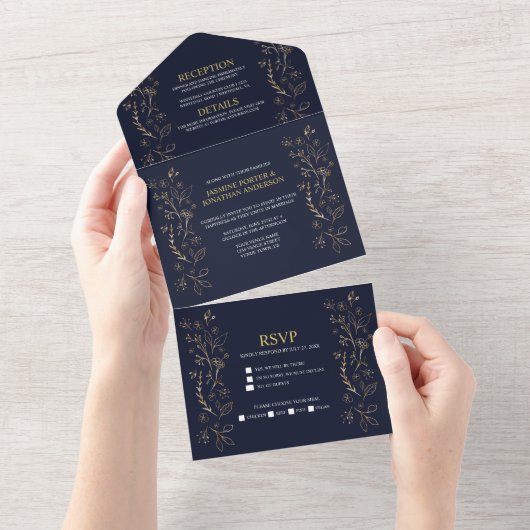 Verzierte Gold Floral Wirbel auf Navy Blue Wedding All In One Einladung (Abreißen)