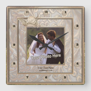 Verzierte Gold-Hochzeitshaube-Foto-Uhr Quadratische Wanduhr
