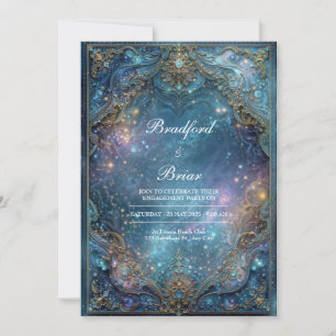 Verzierte Gold Teal Himmelsgalaxie Rahmen Hochzeit Einladung