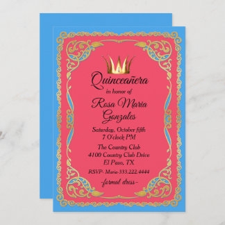 Verzierte Goldfarben mit Kronen-Quinceanera Einladung