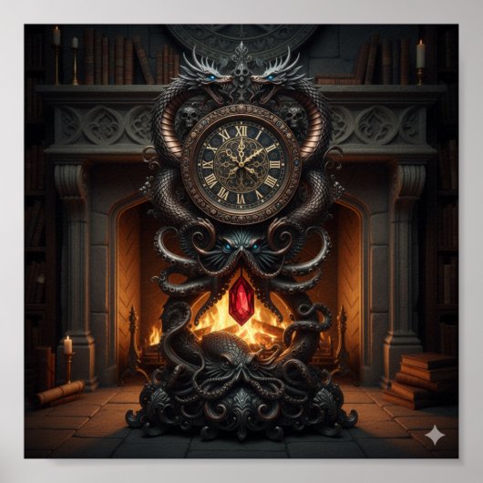 Verzierte Großvateruhr - Dragon & Octopus-Design Poster (Vorne)